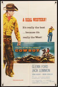 4c203 COWBOY 1sh '58 Glenn Ford & Jack Lemmon in a western movie that has no corn or cliches!
