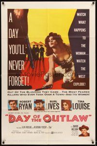 4c227 DAY OF THE OUTLAW 1sh '59 Robert Ryan, Burl Ives, Tina Louise, a day you'll never forget!