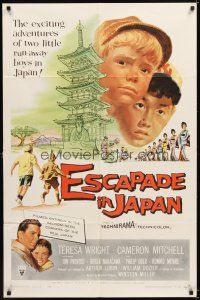 4c277 ESCAPADE IN JAPAN 1sh '57 two little run-away boys in Japan, cool artwork!
