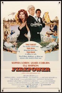 4c310 FIREPOWER 1sh '79 C.W. Taylor art of Sophia Loren, James Coburn & O.J. Simpson w/gun!