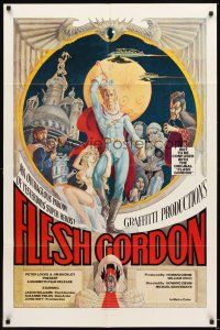 4c318 FLESH GORDON 1sh '74 sexy sci-fi spoof, wacky erotic super hero art by George Barr!