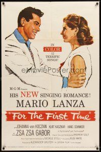 4c329 FOR THE FIRST TIME 1sh '59 close up art of Mario Lanza with a gorgeous new screen beauty!