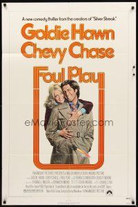 4c336 FOUL PLAY 1sh '78 wacky Lettick art of Goldie Hawn & Chevy Chase, screwball comedy!