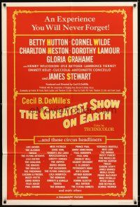 4c389 GREATEST SHOW ON EARTH 1sh '52 James Stewart, Betty Hutton, list of circus headliners!