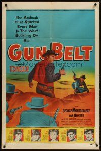 4c393 GUN BELT 1sh '53 artwork of cowboys George Montgomery & Tab Hunter in gunfight!