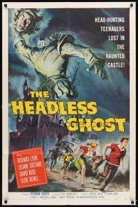 4c418 HEADLESS GHOST 1sh '59 head-hunting teenagers lost in the haunted castle, cool art by Brown!