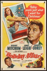 4c431 HOLIDAY AFFAIR style A 1sh '49 sexy Janet Leigh is what Robert Mitchum wants for Christmas!