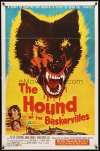4c447 HOUND OF THE BASKERVILLES 1sh '59 Peter Cushing, great blood-dripping dog artwork!