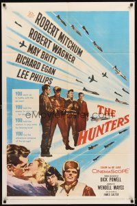 4c458 HUNTERS 1sh '58 jet pilot drama, Robert Mitchum & Robert Wagner, May Britt!