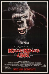 4c516 KING KONG LIVES video 1sh '86 great image of huge unhappy ape, he's alive!