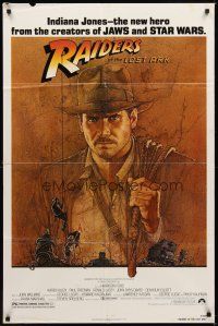 4c728 RAIDERS OF THE LOST ARK 1sh '81 great art of adventurer Harrison Ford by Richard Amsel!
