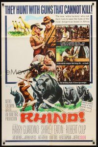 4c743 RHINO 1sh '64 Robert Culp, Shirley Eaton, Reynold Brown art of stampeding rhinos!