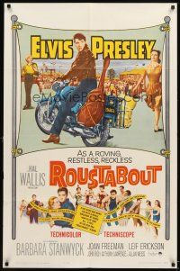 4c760 ROUSTABOUT 1sh '64 roving, restless, reckless Elvis Presley on motorcycle with guitar!