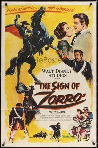 4c803 SIGN OF ZORRO 1sh '60 Walt Disney, cool art of masked hero Guy Williams on horseback!