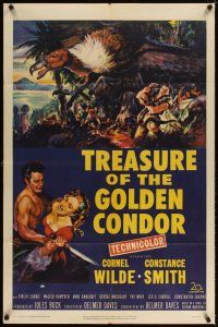 4c933 TREASURE OF THE GOLDEN CONDOR 1sh '53 art of Cornel Wilde grabbing girl & attacked by snake!