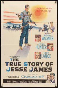 4c940 TRUE STORY OF JESSE JAMES 1sh '57 Nicholas Ray, Robert Wagner, Jeffrey Hunter, Hope Lange