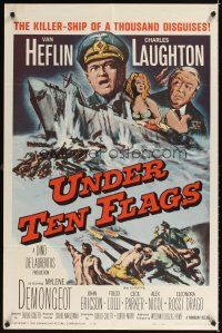 4c947 UNDER TEN FLAGS 1sh '60 art of Van Heflin, Charles Laughton & sexy Mylene Demongeot!
