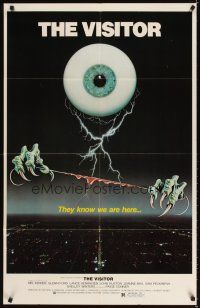 4c958 VISITOR 1sh '79 wild horror art of giant eyeball w/monster hands holding bloody wire!