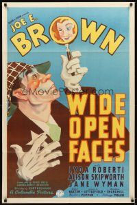 4c974 WIDE OPEN FACES 1sh '38 wacky artwork of sleuth Joe E. Brown, Jane Wyman!