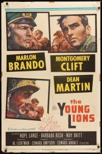 4c996 YOUNG LIONS 1sh '58 art of Nazi Marlon Brando, Dean Martin & Montgomery Clift!