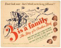 4d005 3 IS A FAMILY TC '44 wacky artwork of stork with baby chasing couple on tandem bicycle!
