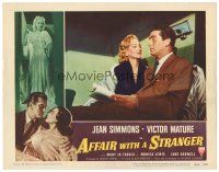 4d209 AFFAIR WITH A STRANGER LC #3 '53 close up of Victor Mature & sexy bad girl Monica Lewis!