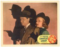 4d311 CHINESE RING LC #6 '48 great close up of Warren Douglas with gun & pretty Louise Currie!