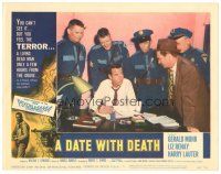4d342 DATE WITH DEATH LC #5 '59 close up of Gerald Mohr sitting at desk surrounded by cops!