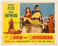 4d344 DAVID & BATHSHEBA LC #6 '51 close up of Gregory Peck & Susan Hayward riding in chariot!