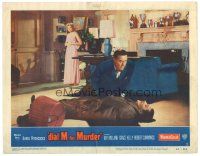 4d358 DIAL M FOR MURDER LC #1 '54 Alfred Hitchcock, Grace Kelly watches Ray Milland by body!