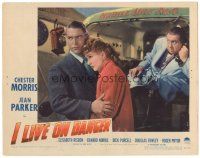 4d508 I LIVE ON DANGER LC '42 great close up of Chester Morris holding worried Jean Parker!