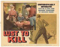 4d599 LUST TO KILL LC #8 '59 people watch cowboy Jim Davis holding gun on man at table!