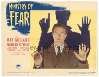 4d622 MINISTRY OF FEAR LC #6 '44 Fritz Lang, best c/u of Ray Milland with gun holding his hands up!