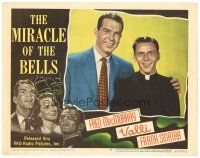 4d624 MIRACLE OF THE BELLS LC #5 '48 c/u of Fred MacMurray with arm around priest Frank Sinatra!
