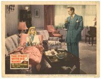 4d874 STREET WITH NO NAME LC #7 '48 smoking Richard Widmark looks down at Barbara Lawrence on couch!