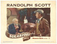 4d877 SUGARFOOT LC #7 '51 close up of cowboy Randolph Scott talking to old man by keg!
