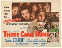 4d157 THREE CAME HOME TC '49 artwork of Claudette Colbert & prison women without their men!