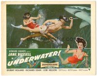 4d947 UNDERWATER '55 Howard Hughes, skin diver Jane Russell & Richard Egan with shark!