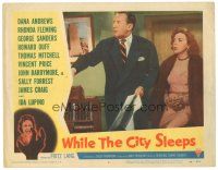 4d967 WHILE THE CITY SLEEPS LC #6 '56 c/u of George Sanders & Ida Lupino, Fritz Lang noir!