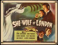 4f612 SHE-WOLF OF LONDON 1/2sh '46 cool art of spooky female hooded phantom + cast headshots!
