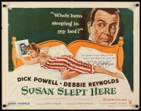 4f651 SUSAN SLEPT HERE style A 1/2sh '54 great artwork of sexy Debbie Reynolds sprawled out on bed!
