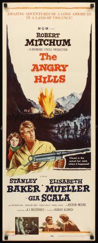 4g165 ANGRY HILLS insert '59 Robert Aldrich, cool artwork of Robert Mitchum with big machine gun!