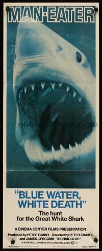 4g202 BLUE WATER, WHITE DEATH insert '71 super close image of great white shark with open mouth!