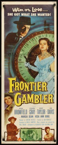4g331 FRONTIER GAMBLER insert '56 image of sexy Coleen Gray with gun by Big Six gambling reel!