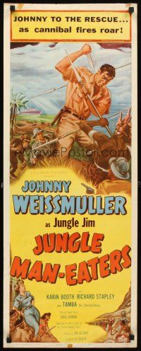4g415 JUNGLE MAN-EATERS insert '54 art of Johnny Weissmuller as Jungle Jim fighting cannibals!