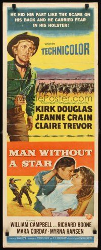 4g471 MAN WITHOUT A STAR insert '55 art of cowboy Kirk Douglas pointing gun, Jeanne Crain