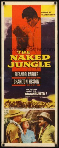 4g494 NAKED JUNGLE insert '54 romantic close up of Charlton Heston & Eleanor Parker, George Pal