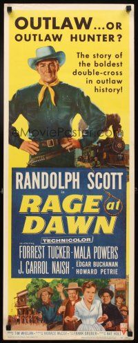 4g556 RAGE AT DAWN insert '55 cool artwork of outlaw hunter Randolph Scott by train!