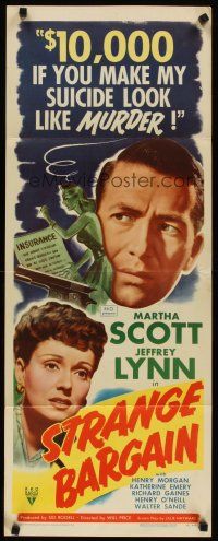 4g644 STRANGE BARGAIN insert '49 film noir, Martha Scott, Jeffrey Lynn, insurance fraud!