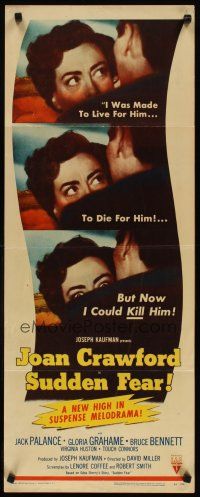 4g654 SUDDEN FEAR insert '52 great close up of terrified Joan Crawford, Jack Palance